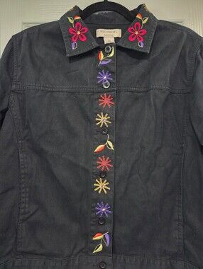 Size Petitie M Bechamel Black Jean Jacket with Colorful Floral Embroidery